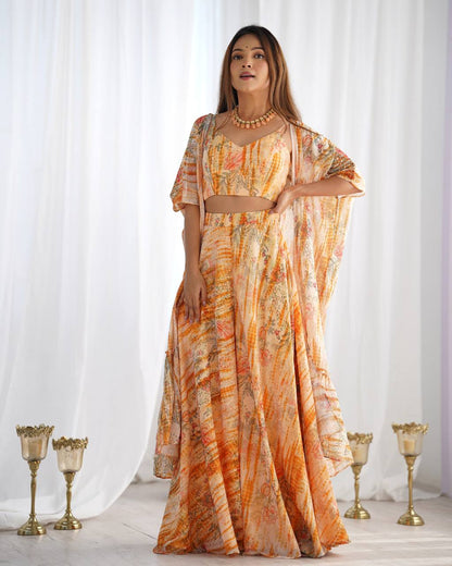 Women’s Floral Printed Shrug Palazzo Set with Crop Top