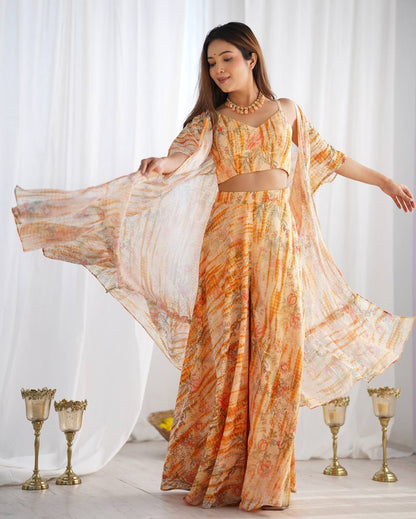 Women’s Floral Printed Shrug Palazzo Set with Crop Top