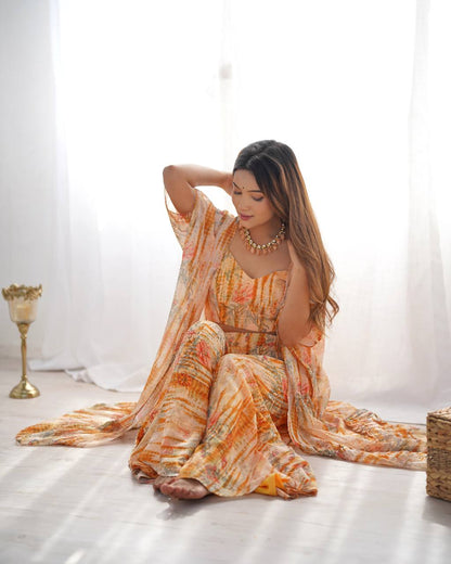 Women’s Floral Printed Shrug Palazzo Set with Crop Top